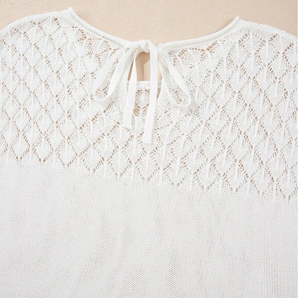 ๐ค White Eyelet Knit Tied Back Short Sleeve Sweater โ Size M - Picture 7 of 10